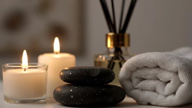 A serene scene featuring candles, stones, a towel, and a reed diffuser, inviting relaxation. Warm, soft lighting creates a calming, spa-like ambiance, ideal for wellness
