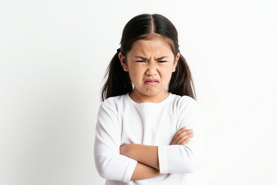 Young girl with dark hair in pigtails shows a grumpy face. She crosses arms, frowning intensely, her eyes squeezed shut in displeasure. Child displays negative emotion in studio.