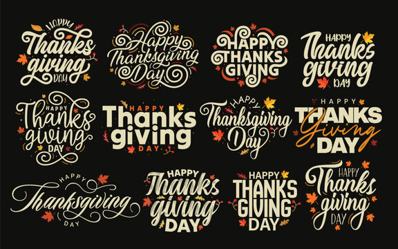 Happy Thanksgiving Day hand lettering typography set. Thanksgiving Day vector text badges and labels with autumn maple leaves isolated on black background.