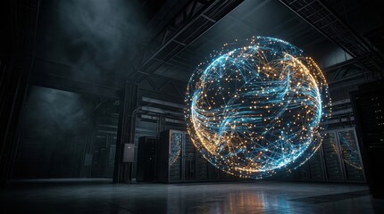Fototapeta premium Futuristic digital world globe with interconnected data network in advanced tech facility