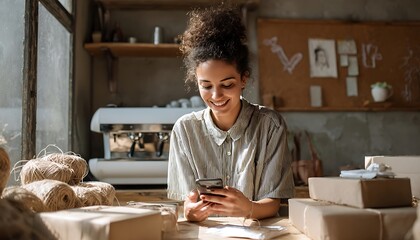 Fototapeta premium Young woman smiling while using smartphone in a small business office with packages.
