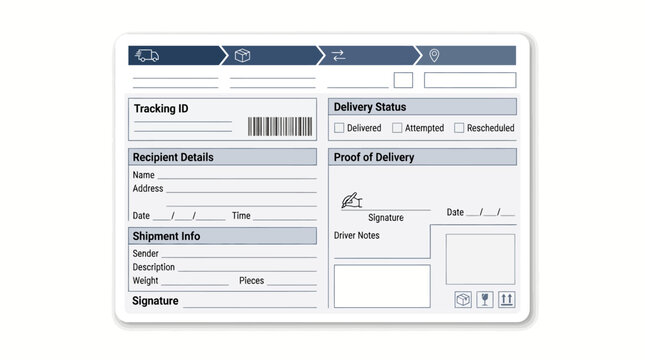 Stylized graphic representation of a delivery tracking form or waybill with various sections for shipment details and status.
