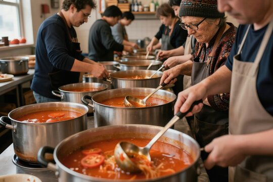Diverse volunteers in kitchen ladle steaming soup from large pots. People prepare warm meals for needy, showing communal support and generosity. Group works together serving food.