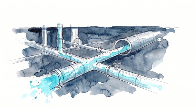 Watercolor architectural sketch of an underground water pipe network. Cross-section illustration of urban utility infrastructure and water flow, isolated on a white background.