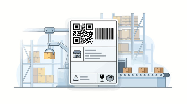 Detailed black and white illustration of a generic shipping label with multiple barcodes, QR codes, and blank fields for address and tracking information.