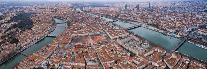 Obraz premium Aerial view around the old town of Lyon in France on a sunny day in spring