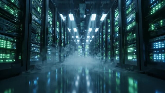 Dark Modern Server Room Interior With Blue Green Light Rays And Fog Creating Dramatic High Tech Atmosphere
