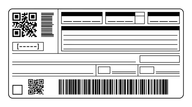 Monochrome illustration of a shipping label with multiple barcodes, QR codes, and text fields for delivery information and tracking.