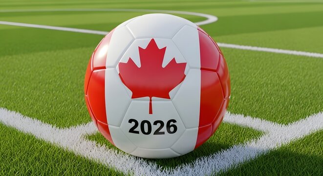 Canadian soccer ball with 2026 on a green field