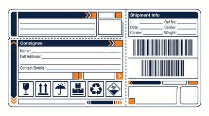 Obraz premium A detailed template for a shipping label or waybill, featuring sections for consignee information, shipment details, barcodes, and international handling symbols.