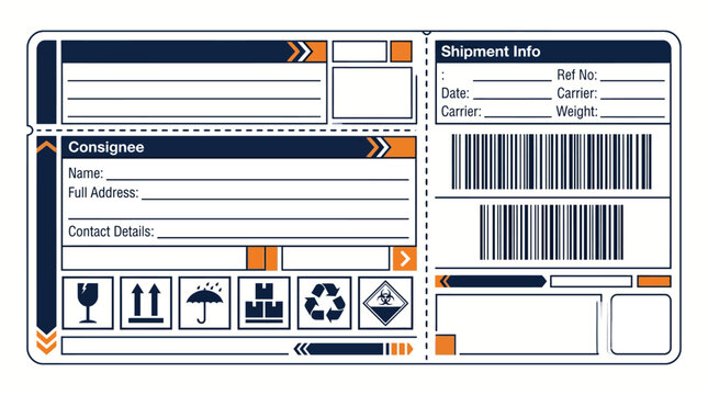 A detailed template for a shipping label or waybill, featuring sections for consignee information, shipment details, barcodes, and international handling symbols.