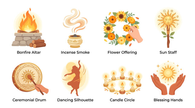 Vector set of spiritual symbols including a bonfire altar with incense smoke, flower offering, sun staff, ceremonial drum, dancing silhouette, candle circle, and blessing hands in a ritual setting.