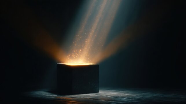Dramatic close up of glowing mystery box being opened in dark room, cinematic light rays escaping from inside, surreal anticipation atmosphere, ultra