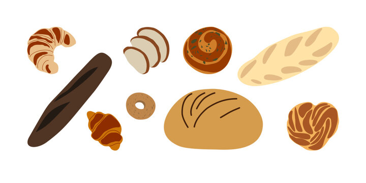 Bakery Products Flat Vector Icons Set - Bread, Croissant, Bun Isolated on White Background