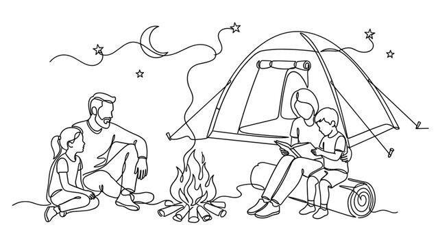 Family camping adventure with bonfire and reading at night.