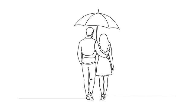 Continuous line drawing of a loving couple walking together under an umbrella.