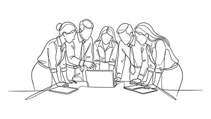 Obraz premium Continuous line drawing of a diverse professional business team collaborating on a laptop project.
