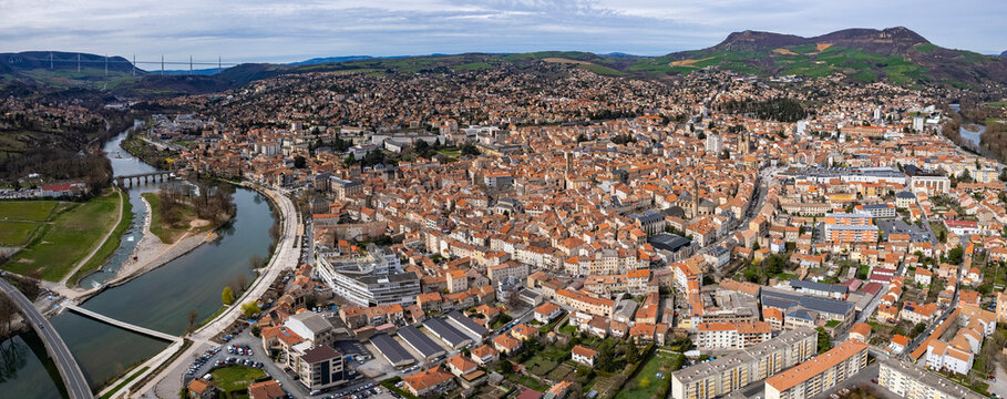 Aerial view of the old town of the city Millau in France. On a sunny spring day.
