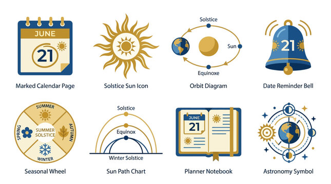 Vector set of summer solstice icons including calendar, sun symbols, and planner elements for seasonal design