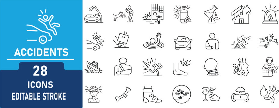 Accidents and Emergency Line Icon Set. Contains icons related to injury, workplace accident, road accident, safety hazard, first aid,risk management and more . Editable stroke. Vector illustration.