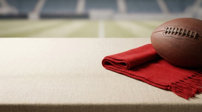 American football and red scarf on tabletop in stadium