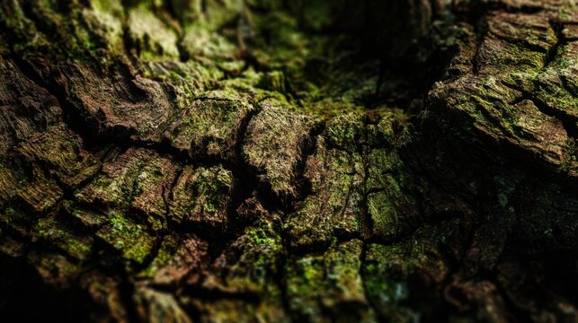 Hyper realistic macro texture of ancient tree bark covered with moss and fine cracks, dramatic forest lighting, ultra detailed organic structure