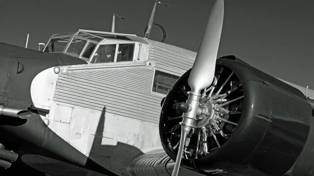 Old movie style black and white film of a Vintage Junkers JU 52 aircraft	.
