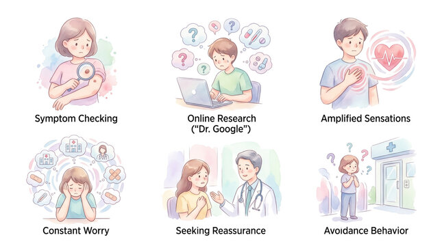 Watercolor Health Anxiety Symptoms Clipart Set Featuring Excessive Health Worries Symptom Checking Medical Uncertainty and Illness Related Anxiety Isolated PNG Transparent Background