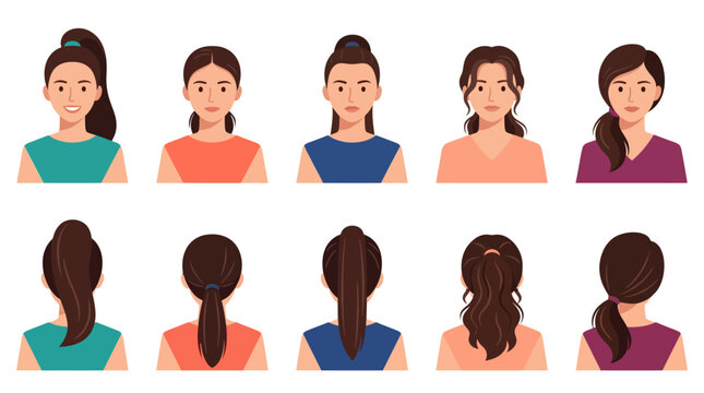 Vector illustration set of women's hairstyles from front and back views, including ponytails, buns, and pigtails.