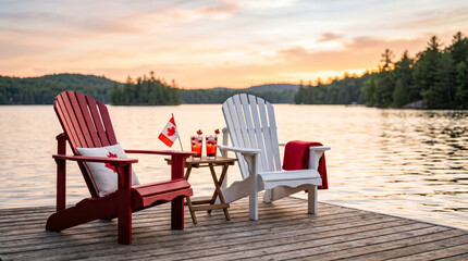 Fototapeta premium Red and white Muskoka chairs by the lake at sunset for Canada Day 