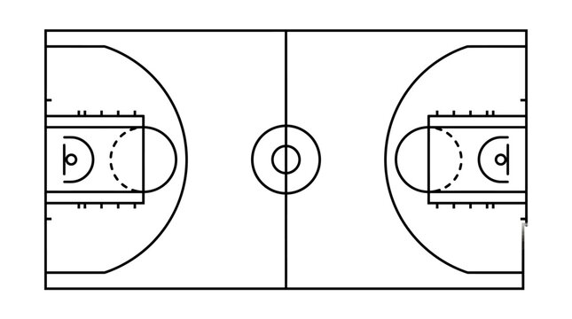 Overhead view of a generic indoor sports court layout, featuring a centerline, center circle, and two goal areas with arcs and smaller circles.