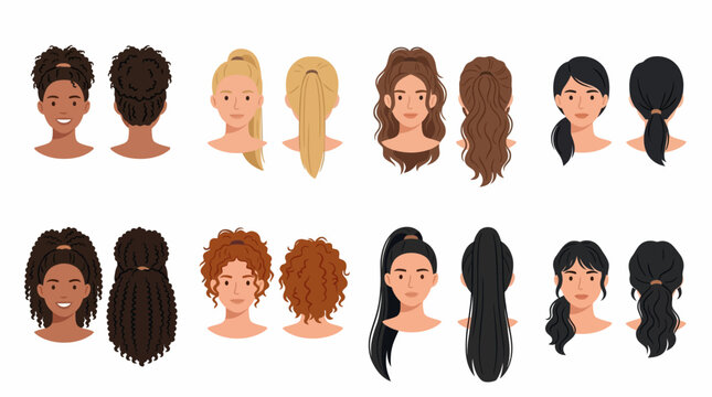 Collection of diverse women's hairstyles showing front and back views with various textures, colors, and styles.