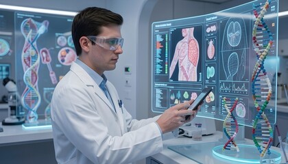 Obraz premium Healthcare Scientist Analyzing Patient Data in Advanced Medical Research Laboratory with AI Technology