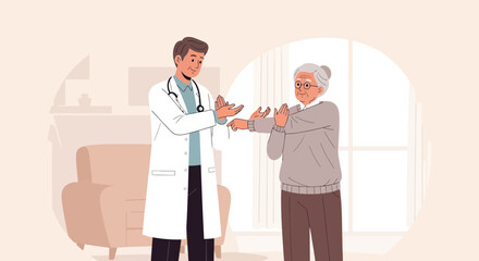 Fototapeta premium Doctor examining elderly patient's hands in clinic, healthcare consultation illustration