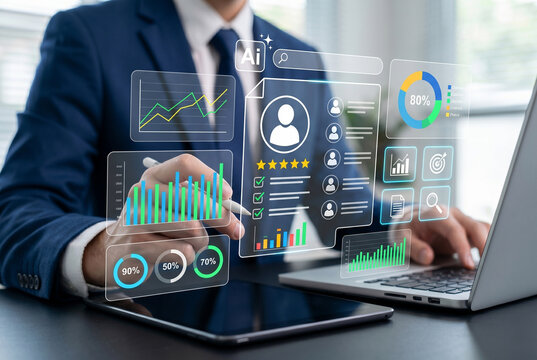 ai hr analytics and KPI performance monitoring interface, employee assessment dashboard, staff evaluation rating system, data statistics to optimize workforce strategy and decision making