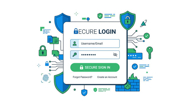 Secure login and authentication process illustration with digital security icons and network elements