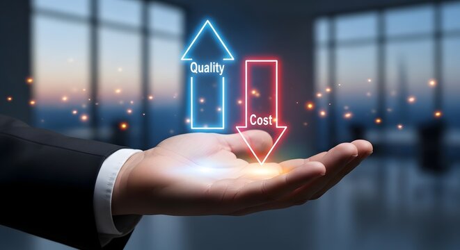 Businessman's hand presents quality up and cost down concept