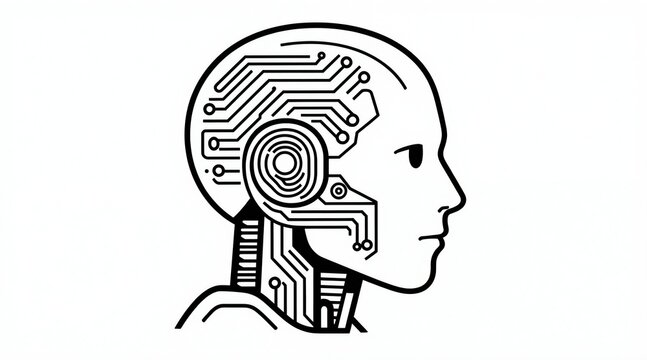 Minimalist line art of a robot head profile. Internal circuits and digital patterns show artificial intelligence concept. Simple graphic design, black and white.