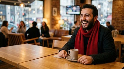 Fototapeta premium Turkish man laughing alone in cafe after football match