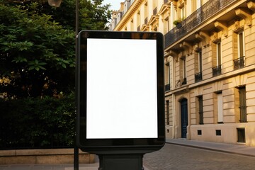 Naklejka premium Blank digital billboard on a cobblestone street in Paris. Tall classic buildings with ornate balconies line the road. Plants and trees add to the city ambiance. Copy space for ads.