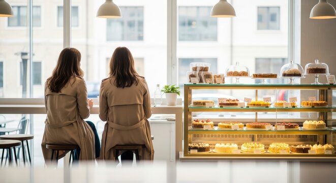 Two women sitting in a cafe looking at a display of pastries.