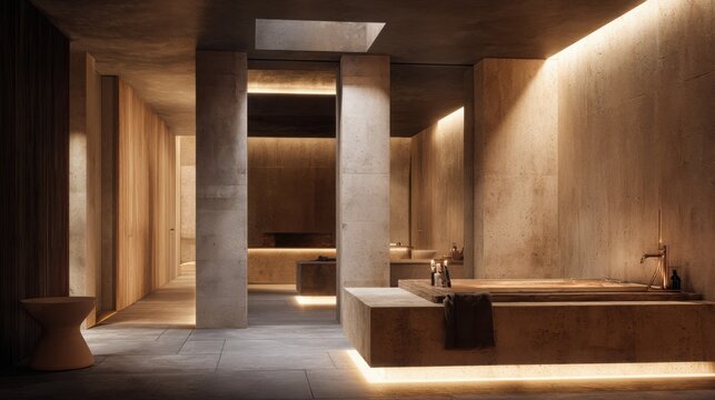 matte stone bathroom interior, warm ambient lighting, minimalist luxury design, natural textures, soft reflections, spa atmosphere, ultra realistic