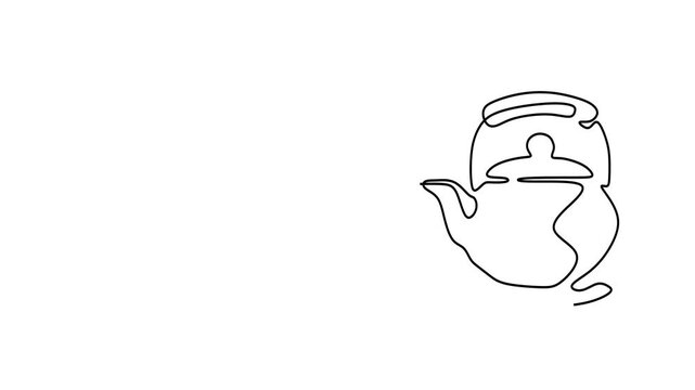 Animated self drawing of continuous line draw of   Teapot Cup and Tea Bag. Time to drink tea.   Full length one line animation. 4K	