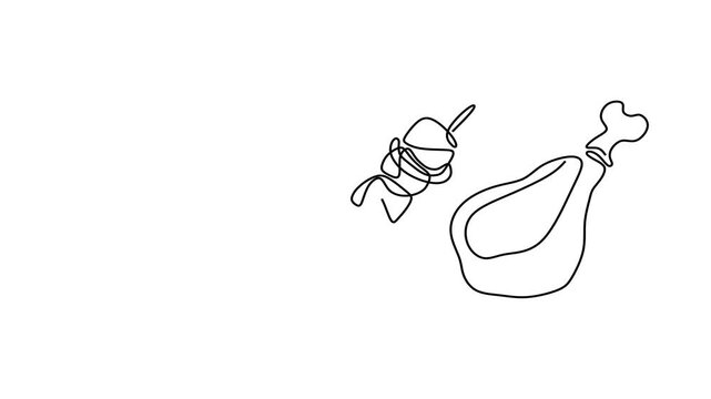 Animated self drawing of continuous line draw of Chicken Skewer and Drumstick A Line Art Food.     Full length one line animation. 4K	
