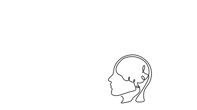 Animated self drawing of continuous line draw of   Human Head with Question Mark, Exclamation Point. Man Confused .   Full length one line animation. 4K	