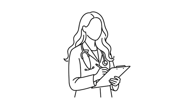 Line drawing of a female doctor writing on a medical clipboard.