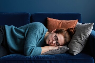 Fototapeta premium Young woman with glasses slepic deeply on a blue couch. She rests her head on a pillow, eyes closed, wearing a cozy sweater. Relaxed indoor scene, peaceful nap.
