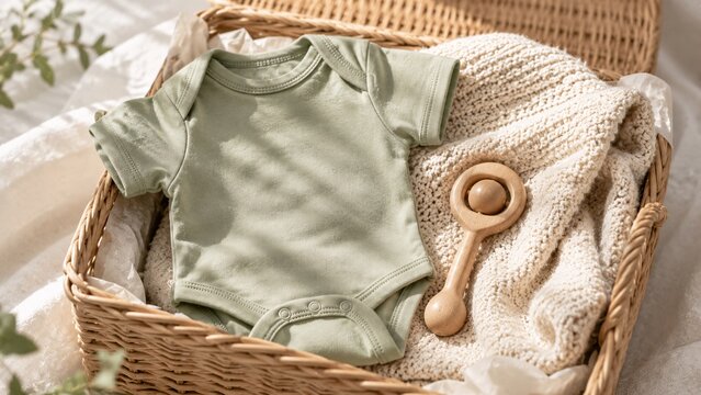 Minimalist organic cotton baby bodysuit inside a wicker basket with wooden rattle