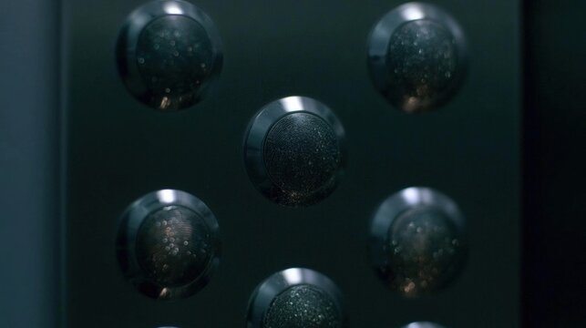 Close-up of a black surface with six round, metallic knobs arranged in a grid-like pattern. the knobs appear to be made of metal and have a shiny, metallic finish.