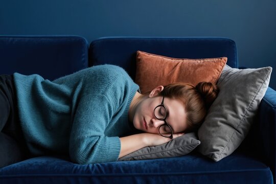 Young woman with glasses slepic deeply on a blue couch. She rests her head on a pillow, eyes closed, wearing a cozy sweater. Relaxed indoor scene, peaceful nap.